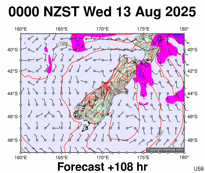South Island forecast chart for Tuesday, August 12th, 2025 at 12:00 PM