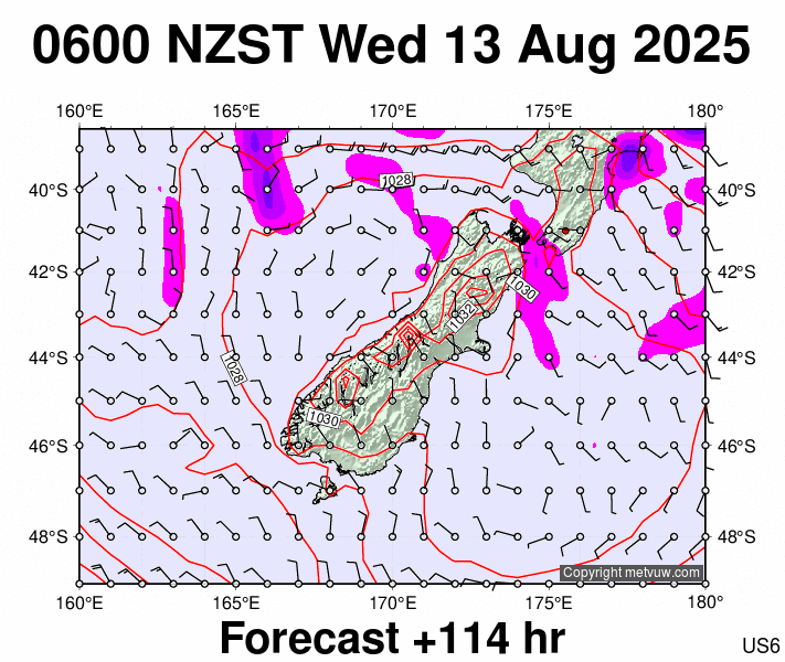 South Island forecast chart for Tuesday, August 12th, 2025 at 6:00 PM