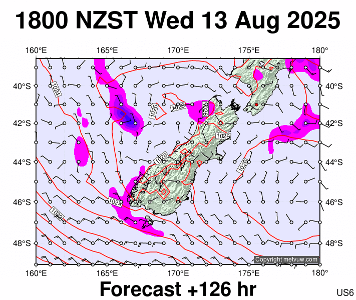 South Island forecast chart for Wednesday, August 13th, 2025 at 6:00 AM