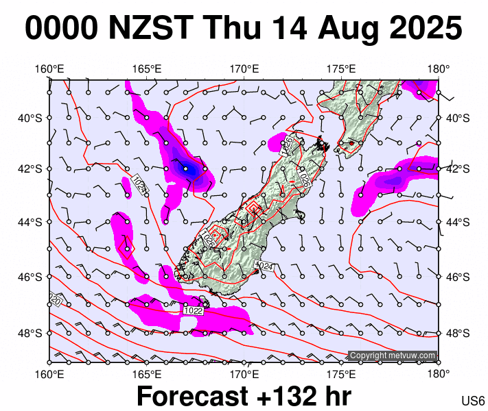 South Island forecast chart for Wednesday, August 13th, 2025 at 12:00 PM