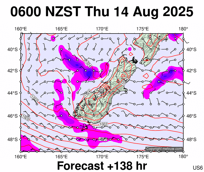 South Island forecast chart for Wednesday, August 13th, 2025 at 6:00 PM