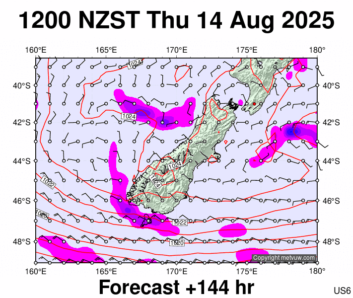South Island forecast chart for Thursday, August 14th, 2025 at 12:00 AM