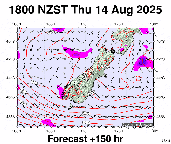 South Island forecast chart for Thursday, August 14th, 2025 at 6:00 AM