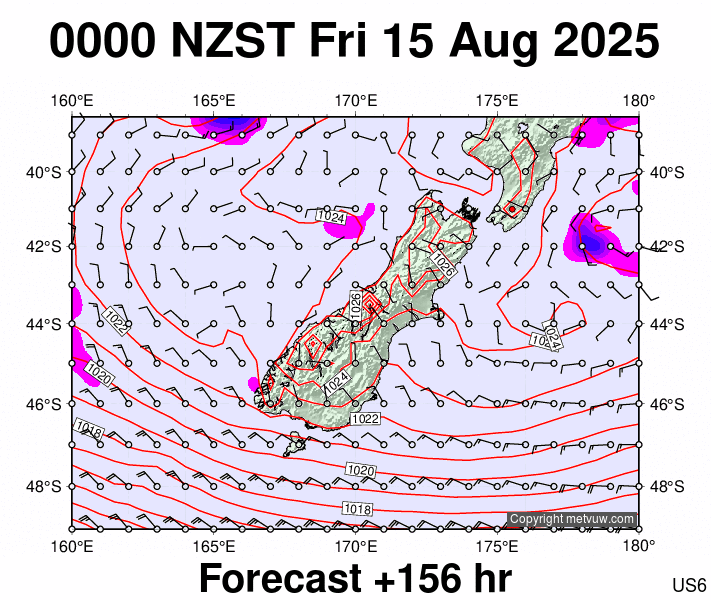 South Island forecast chart for Thursday, August 14th, 2025 at 12:00 PM