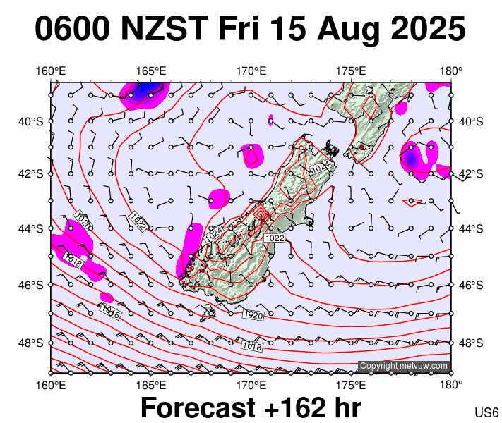 South Island forecast chart for Thursday, August 14th, 2025 at 6:00 PM