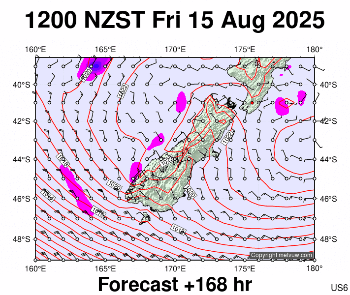 South Island forecast chart for Friday, August 15th, 2025 at 12:00 AM
