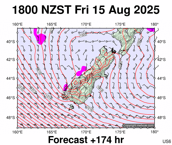 South Island forecast chart for Friday, August 15th, 2025 at 6:00 AM
