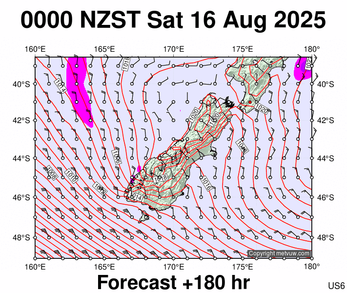 South Island forecast chart for Friday, August 15th, 2025 at 12:00 PM