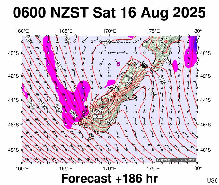 South Island forecast chart for Friday, August 15th, 2025 at 6:00 PM