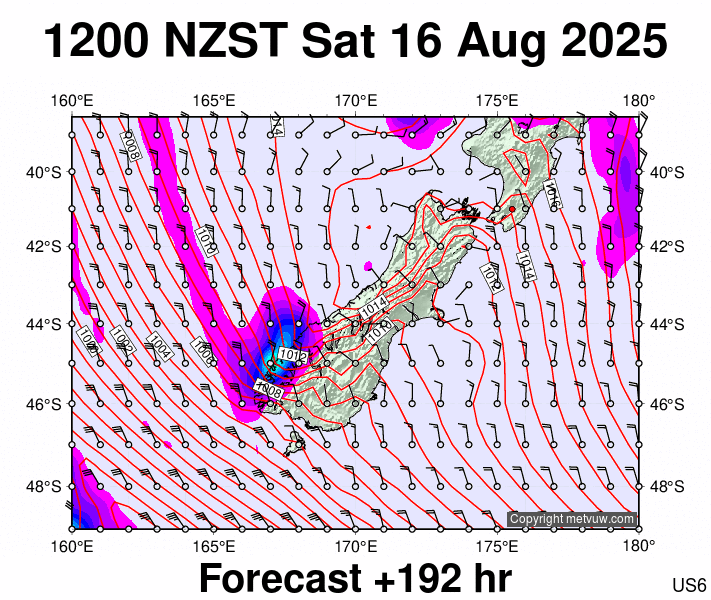 South Island forecast chart for Saturday, August 16th, 2025 at 12:00 AM
