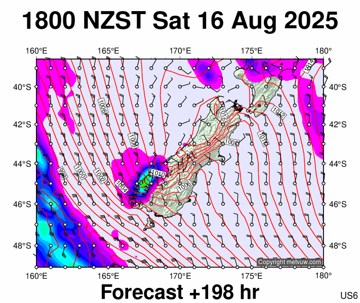 South Island forecast chart for Saturday, August 16th, 2025 at 6:00 AM