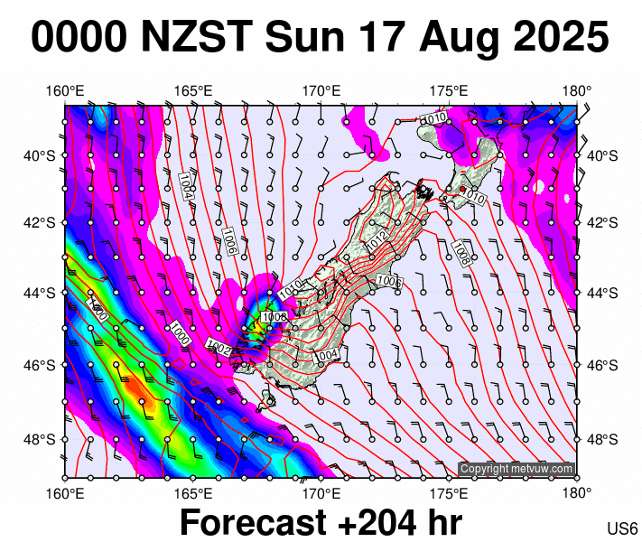 South Island forecast chart for Saturday, August 16th, 2025 at 12:00 PM