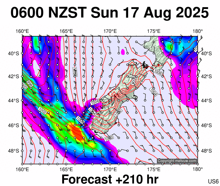 South Island forecast chart for Saturday, August 16th, 2025 at 6:00 PM