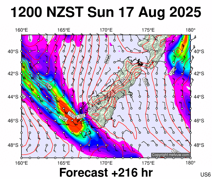 South Island forecast chart for Sunday, August 17th, 2025 at 12:00 AM