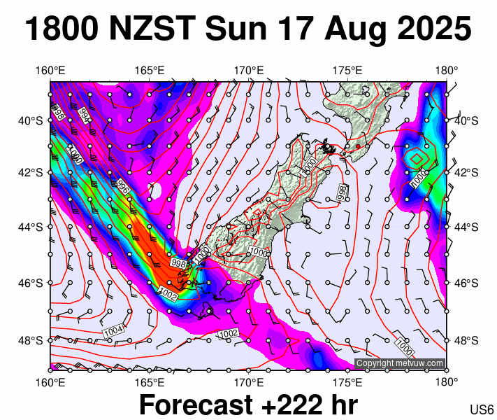 South Island forecast chart for Sunday, August 17th, 2025 at 6:00 AM