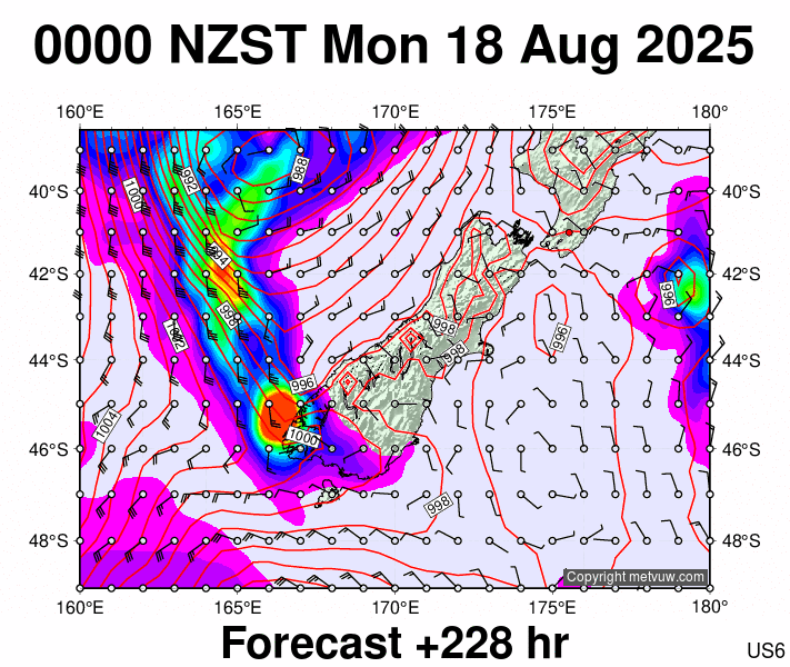 South Island forecast chart for Sunday, August 17th, 2025 at 12:00 PM