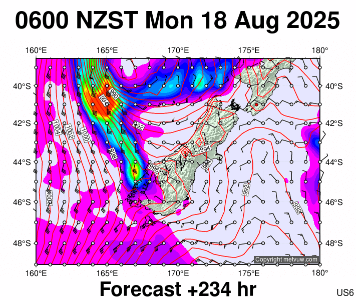 South Island forecast chart for Sunday, August 17th, 2025 at 6:00 PM
