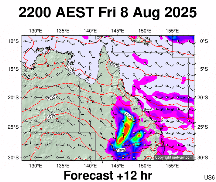 Queensland forecast chart for Friday, August 8th, 2025 at 12:00 PM