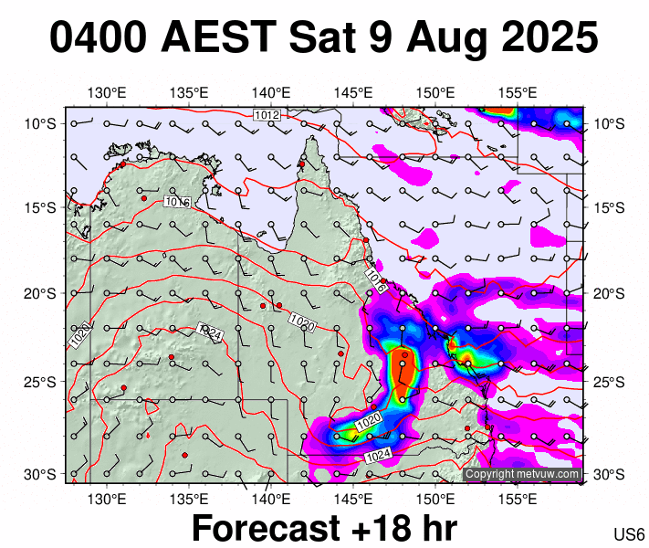 Queensland forecast chart for Friday, August 8th, 2025 at 6:00 PM