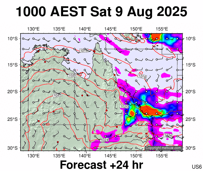 Queensland forecast chart for Saturday, August 9th, 2025 at 12:00 AM