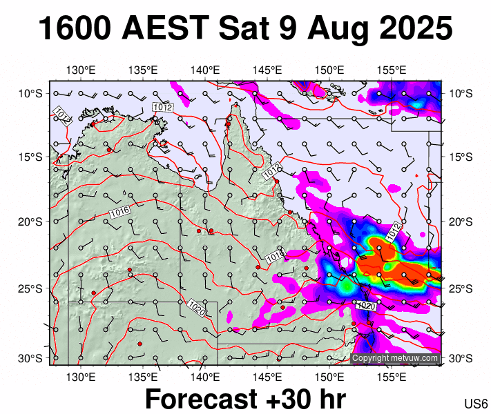 Queensland forecast chart for Saturday, August 9th, 2025 at 6:00 AM