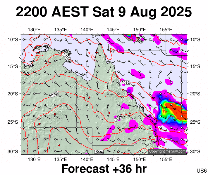 Queensland forecast chart for Saturday, August 9th, 2025 at 12:00 PM
