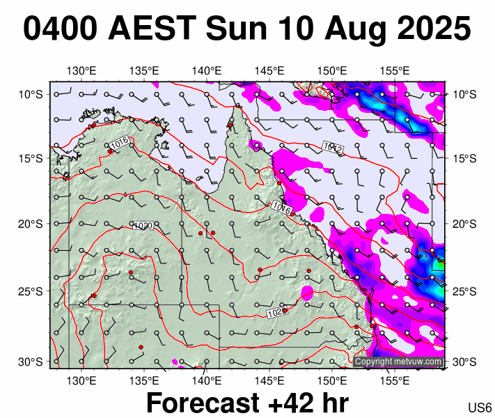Queensland forecast chart for Saturday, August 9th, 2025 at 6:00 PM