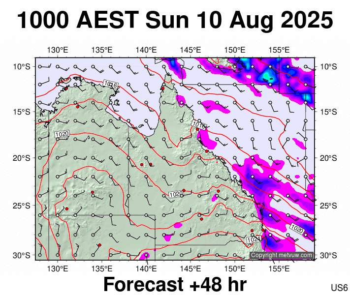 Queensland forecast chart for Sunday, August 10th, 2025 at 12:00 AM