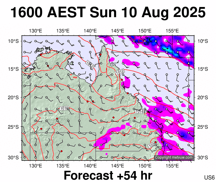 Queensland forecast chart for Sunday, August 10th, 2025 at 6:00 AM