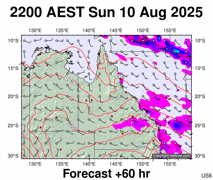 Queensland forecast chart for Sunday, August 10th, 2025 at 12:00 PM