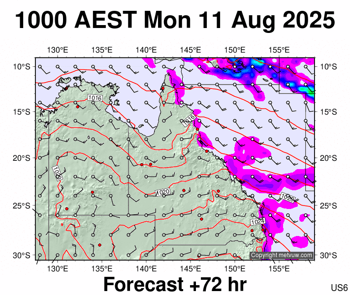 Queensland forecast chart for Monday, August 11th, 2025 at 12:00 AM