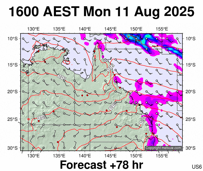 Queensland forecast chart for Monday, August 11th, 2025 at 6:00 AM
