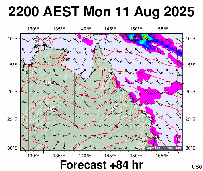 Queensland forecast chart for Monday, August 11th, 2025 at 12:00 PM