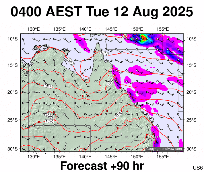 Queensland forecast chart for Monday, August 11th, 2025 at 6:00 PM