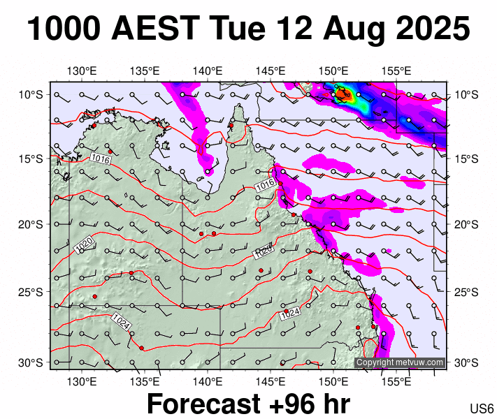 Queensland forecast chart for Tuesday, August 12th, 2025 at 12:00 AM