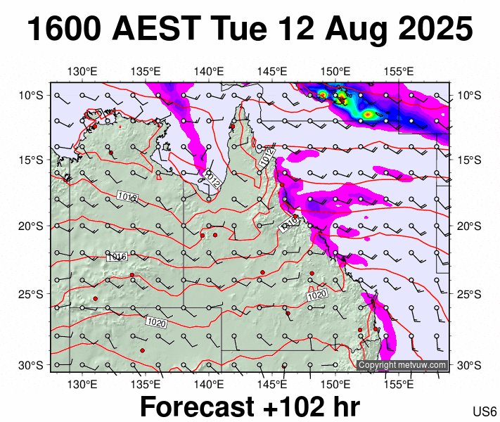 Queensland forecast chart for Tuesday, August 12th, 2025 at 6:00 AM