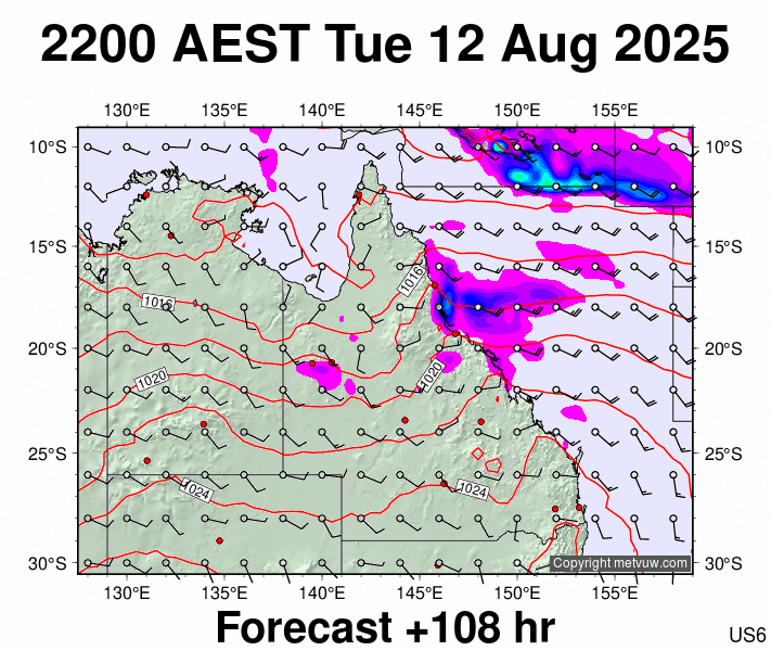 Queensland forecast chart for Tuesday, August 12th, 2025 at 12:00 PM