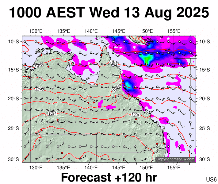 Queensland forecast chart for Wednesday, August 13th, 2025 at 12:00 AM