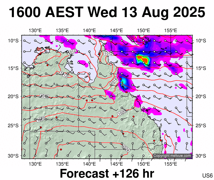 Queensland forecast chart for Wednesday, August 13th, 2025 at 6:00 AM