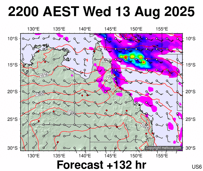Queensland forecast chart for Wednesday, August 13th, 2025 at 12:00 PM
