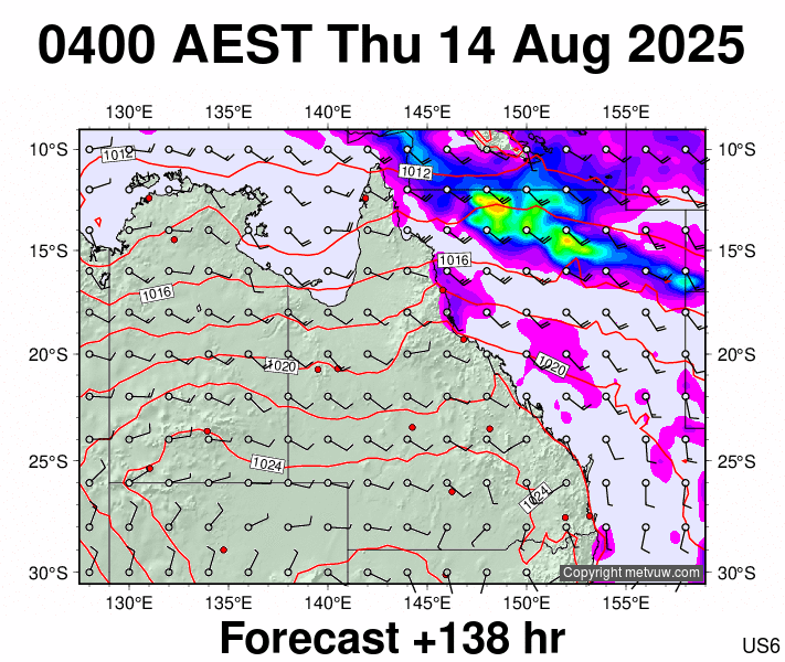 Queensland forecast chart for Wednesday, August 13th, 2025 at 6:00 PM