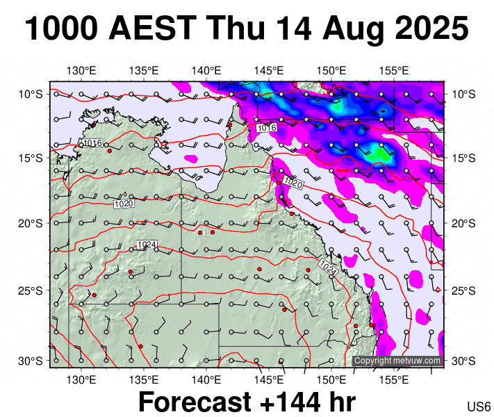Queensland forecast chart for Thursday, August 14th, 2025 at 12:00 AM