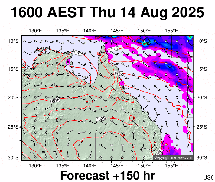 Queensland forecast chart for Thursday, August 14th, 2025 at 6:00 AM