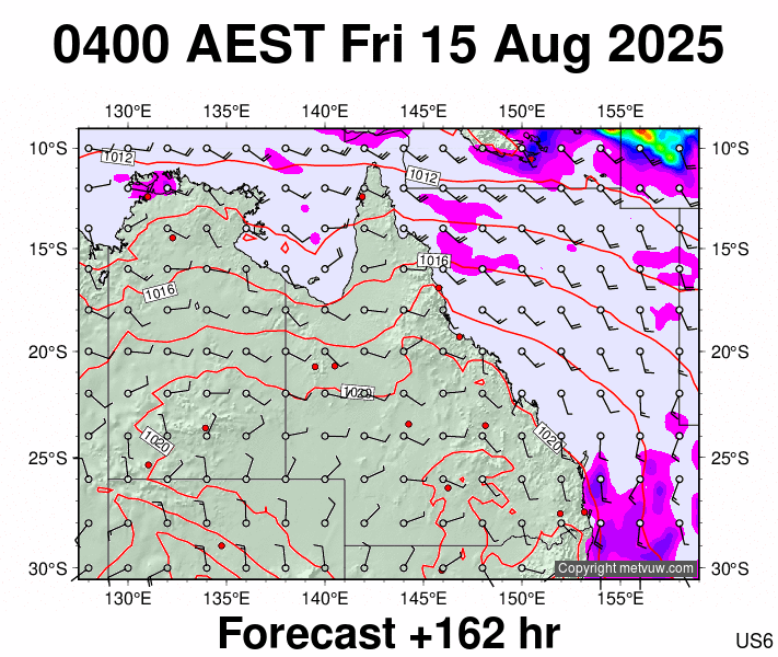 Queensland forecast chart for Thursday, August 14th, 2025 at 6:00 PM