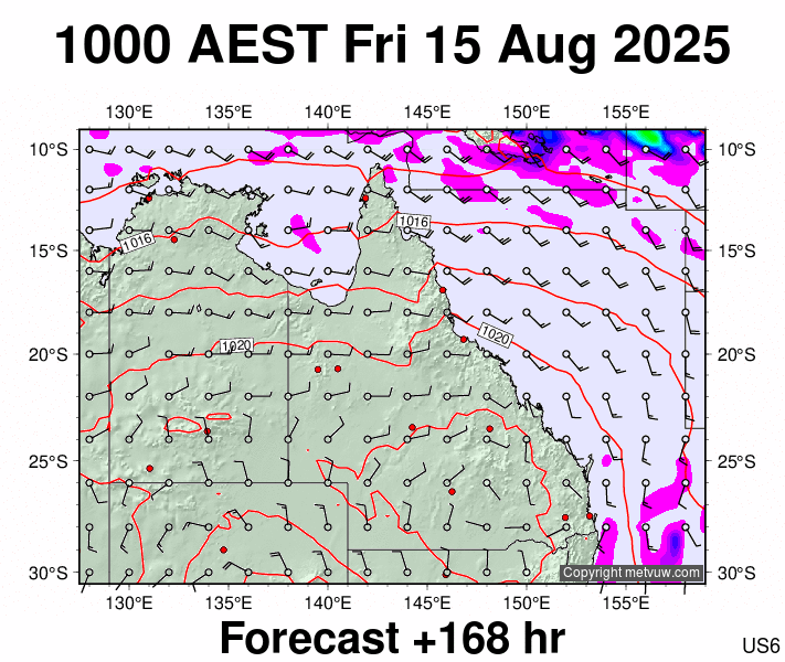 Queensland forecast chart for Friday, August 15th, 2025 at 12:00 AM