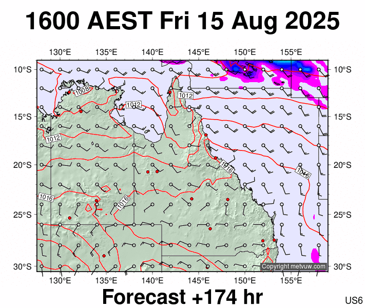 Queensland forecast chart for Friday, August 15th, 2025 at 6:00 AM