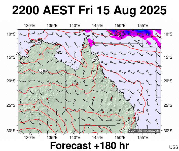 Queensland forecast chart for Friday, August 15th, 2025 at 12:00 PM