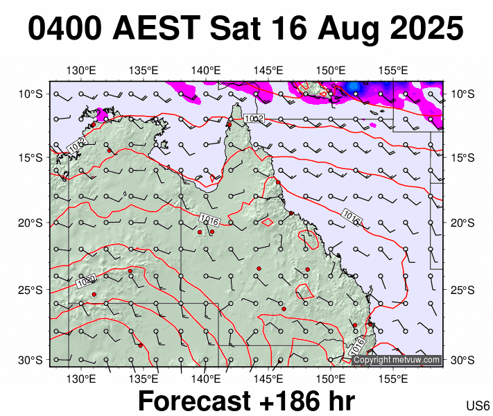 Queensland forecast chart for Friday, August 15th, 2025 at 6:00 PM