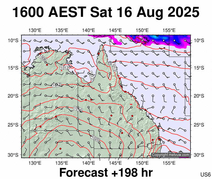 Queensland forecast chart for Saturday, August 16th, 2025 at 6:00 AM