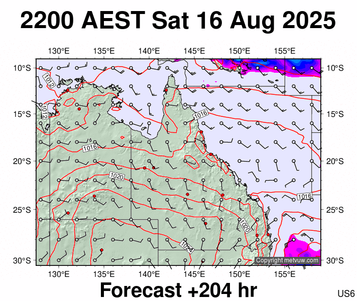 Queensland forecast chart for Saturday, August 16th, 2025 at 12:00 PM